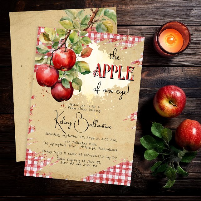 Convite Apple Rustic Country Do Nosso Chá de fraldas Olhal ("The Apple of Our Eye!"  Country Rustic Apple Theme Torn Brown Paper Red White Gingham Checks Invite)