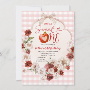 Convite Apple Sweet One Birthday Pink Gingham Fall Floral