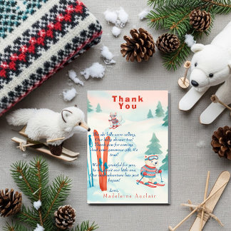 Convite Après Bébé Ski baby Polar bear fox Thank You card
