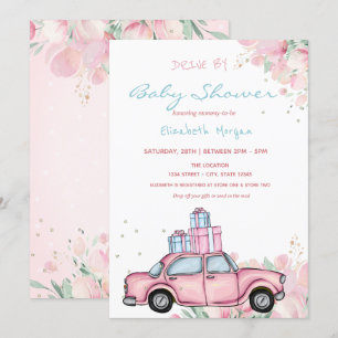 Convite Apresenta Chuveiro de Bebê Floral de Carro Rosa