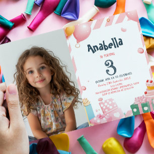 Convite Apresenta e balões Festa de aniversário Rosa