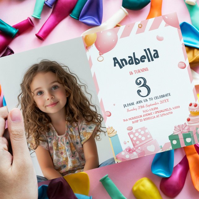 Convite Apresenta e balões Festa de aniversário Rosa (Criador carregado)