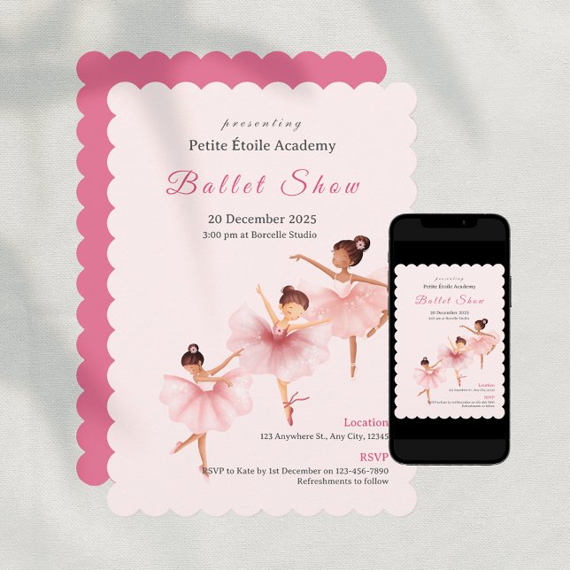 Convite Apresentação de Dança da Escola de Ballet Rosa Inf (Pink Ballet School Kids Dance Show Invitation)