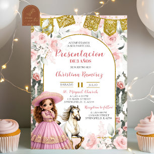 Convite Apresentação de Menina Charra Mexicana Rosa Floral