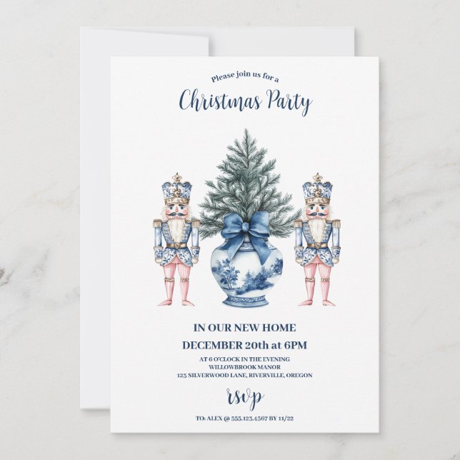 Convite Apresentação de Natal Blue Chinoiserie Nutcracker (Frente)