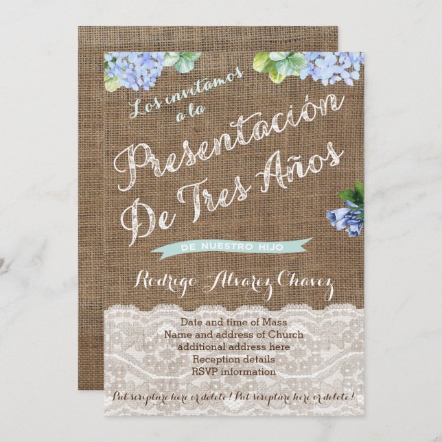 Convite Apresentação de Tres Años, de niño (Frente/Verso)