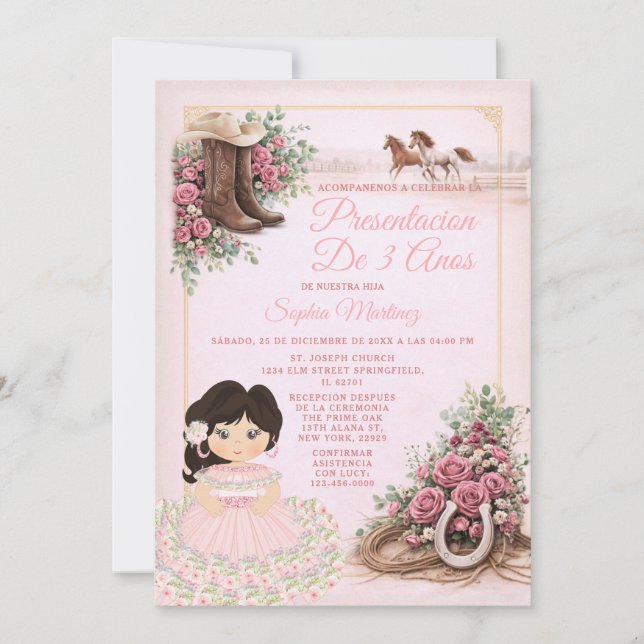 Convite Apresentação Floral Rosa Ocidental Espanhola De 3  (Frente)