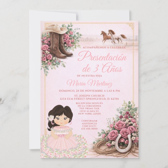 Convite Apresentação Floral Rosa Ocidental Espanhola de 3  (Frente)