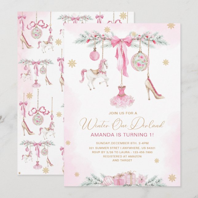 Convite Apresentador de Natal Um DerLand rosa ballet bebê  (Frente/Verso)