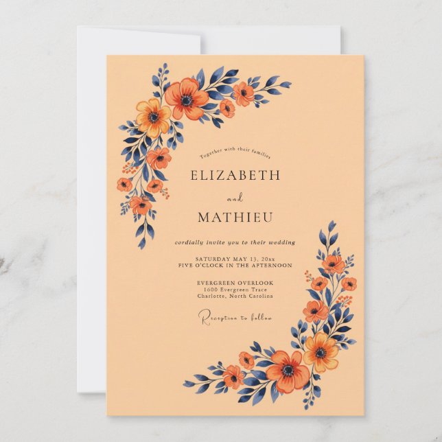 Convite Apricot Navy Blue Distinctive Autumnal Wedding (Frente)