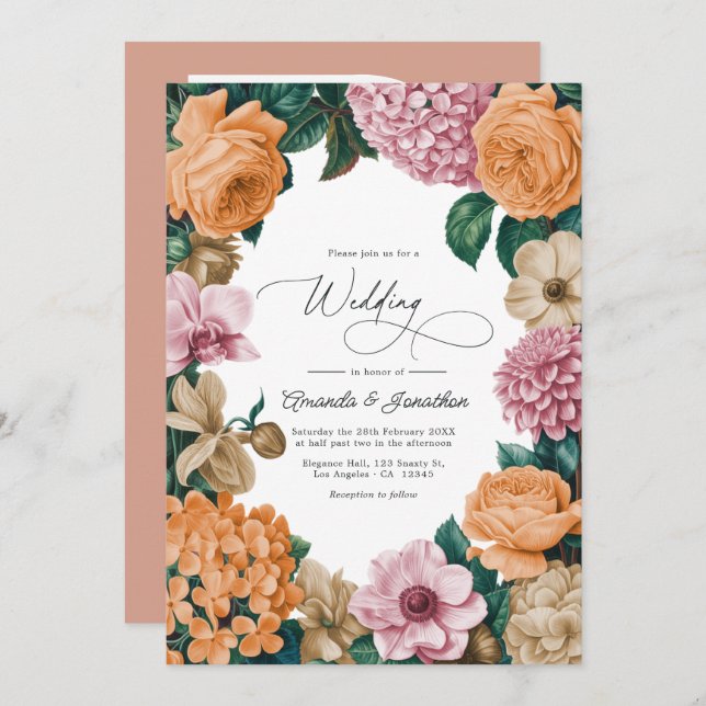 Convite Apricot Nectar, Peony Pink & Warm Sand Wedding (Frente/Verso)
