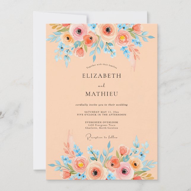 Convite Apricot Serene Watercolor Wedding (Frente)