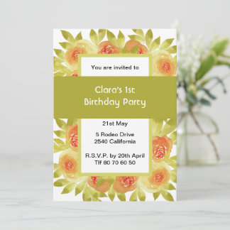 Convite Apricot Watercolour Roses Green Party