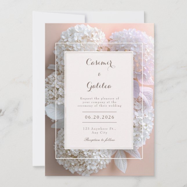 Convite Apricot White Hydrangea Botanical Frame Wedding (Frente)