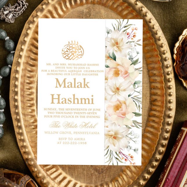Convite Aqiqa Aqeqa Islâmica Branca Elegante (Criador carregado)
