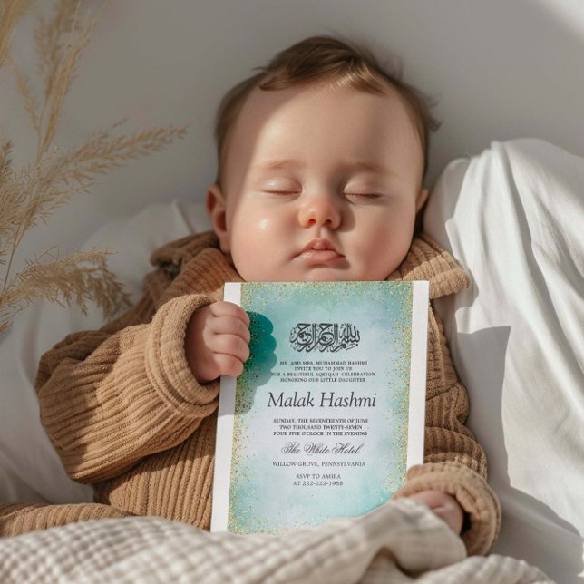 Convite Aqiqa Islâmica de Gliter Moderno Turquesa (Criador carregado)