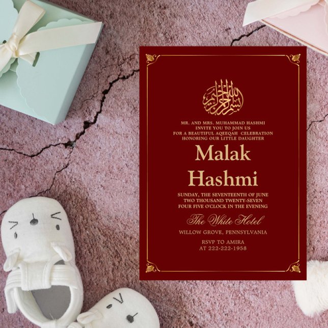 Convite Aqiqa Islâmica do Bebê Borgonha Dourada Elegante (Criador carregado)