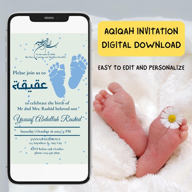 Convite Aqiqah Aqeqeqa Muslim Menino Recém-Nascido Da Pega (Footprint Newborn Baby Boy Muslim Aqiqah Aqeeqa Invitation)