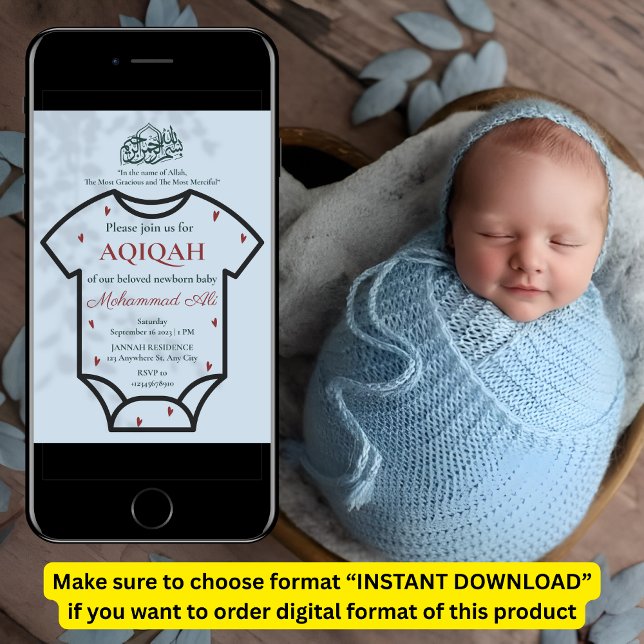 Convite Aqiqah Blue Bodsie Baby Boy Muslim (Criador carregado)