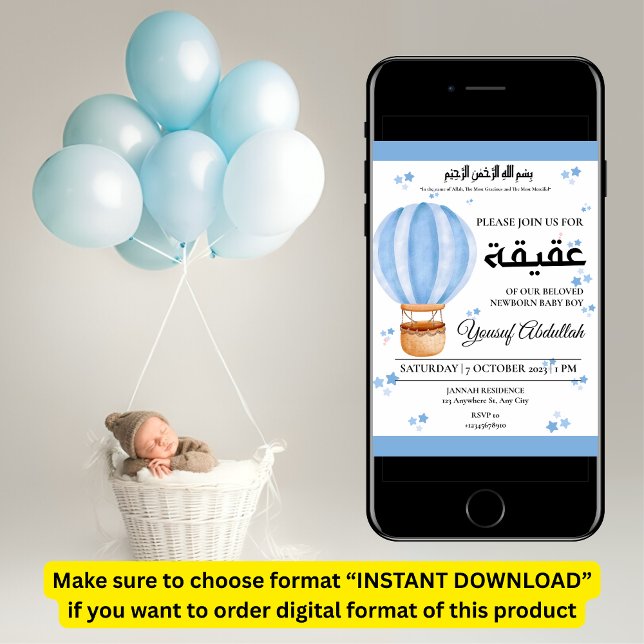 Convite Aqiqah Blue Hot Air Balloon Baby Boy Muslim (Criador carregado)