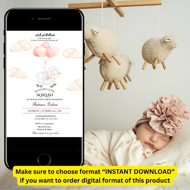 Convite Aqiqah Cute Pink Shea Balloon Baby Girl Muçulmana (Criador carregado)