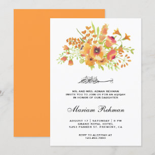 Convite Aqiqah de Menina Bebê Floral em Aquarela Laranja