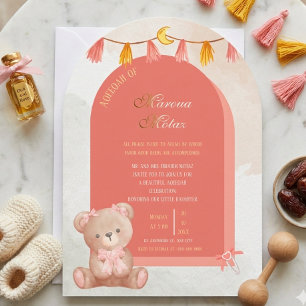Convite Aqiqah Editável para Menina   Design Arco Rosa