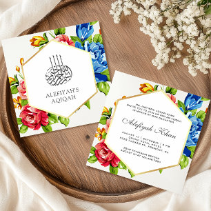 Convite Aqiqah Floral Islâmica Floral Dourada Geométrica F