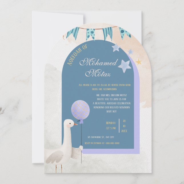 Convite Aqiqah Invitation for Baby Boy  Editable Blue Arch (Frente)