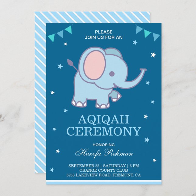 Convite Aqiqah, Menino Elefante Azul (Frente/Verso)