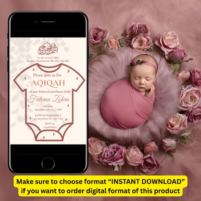 Convite Aqiqah Pink Bodsie Baby Girl Muçulmana (Criador carregado)