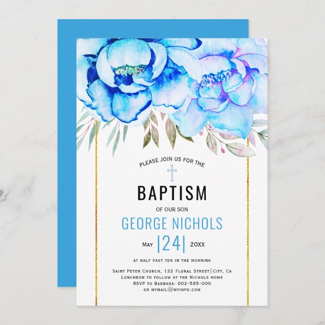 Convite Aqua azul-aquarela flores florais Baptism (Frente/Verso)