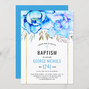 Convite Aqua azul-aquarela flores florais Baptism