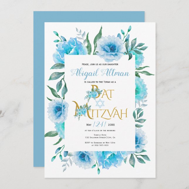 Convite Aqua azul-aquarela flores florais Bat Mitzvah (Frente/Verso)