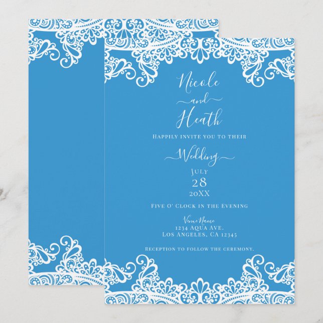 Convite Aqua Azul e Renda Branca Casamento Elegante (Frente/Verso)