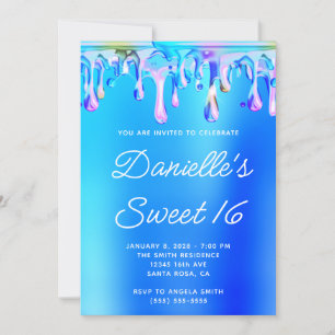 Convite Aqua Azul e Rosa Líquido Gotejante Sweet 16