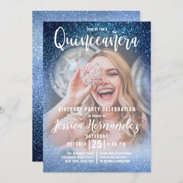 Convite Aqua Baby Blue Triple Glitter Photo Quinceañera (Frente/Verso)