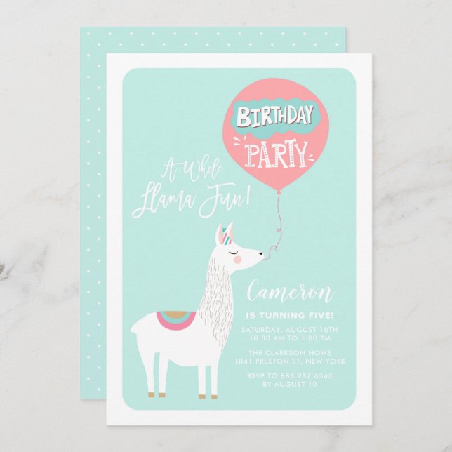 Convite Aqua Blue A Festa de Diversão do Llama (Frente/Verso)