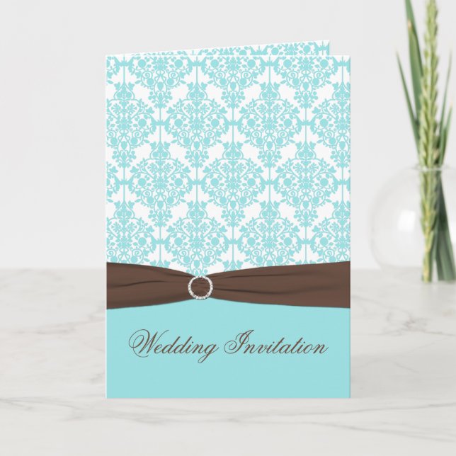 Convite Aqua Blue Damask Card Style Wedding Invite (Frente)