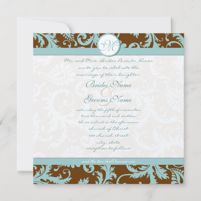 Convite Aqua Blue Damask on Brown Christion Wedding (Frente)