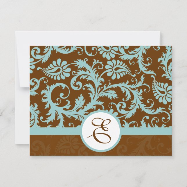 Convite Aqua Blue Damask on Brown Weding Invitation (Frente)