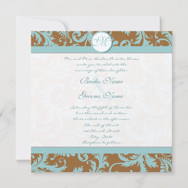Convite Aqua Blue Damask on Brown Weding Invitation (Frente)