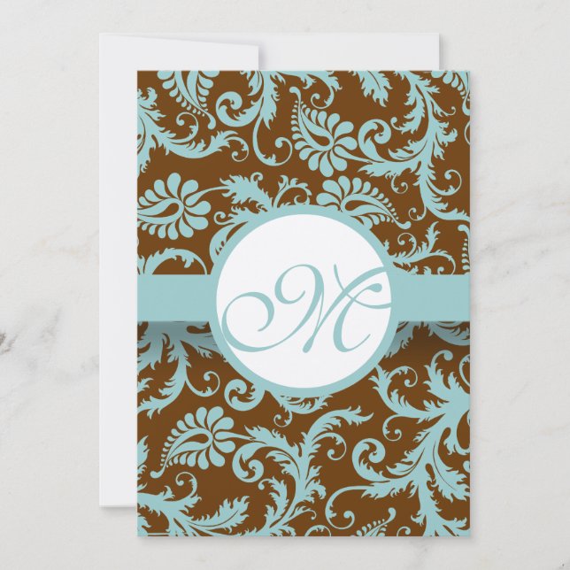 Convite Aqua Blue Damask on Brown Weding Invitation (Frente)