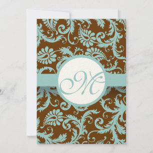 Convite Aqua Blue Damask on Brown Weding Invitation