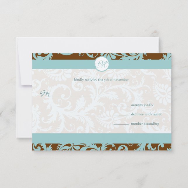 Convite Aqua Blue Damask on Brown Weding Invitation (Frente)