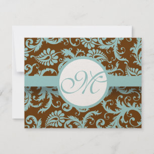 Convite Aqua Blue Damask on Brown Weding Invitation