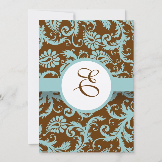 Convite Aqua Blue Damask on Brown Weding Invitation (Frente)