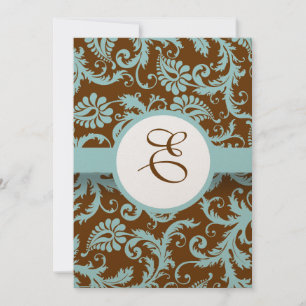 Convite Aqua Blue Damask on Brown Weding Invitation