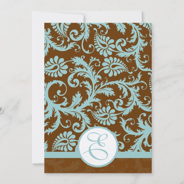 Convite Aqua Blue Damask on Brown Weding Invitation (Frente)
