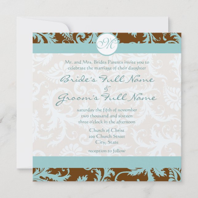 Convite Aqua Blue Damask on Brown Weding Invitation (Frente)